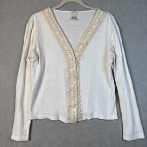 J. JILL Cardigan Sweater Women Small‎ White Ribbed Eyelet Embroidered 100%Cotton